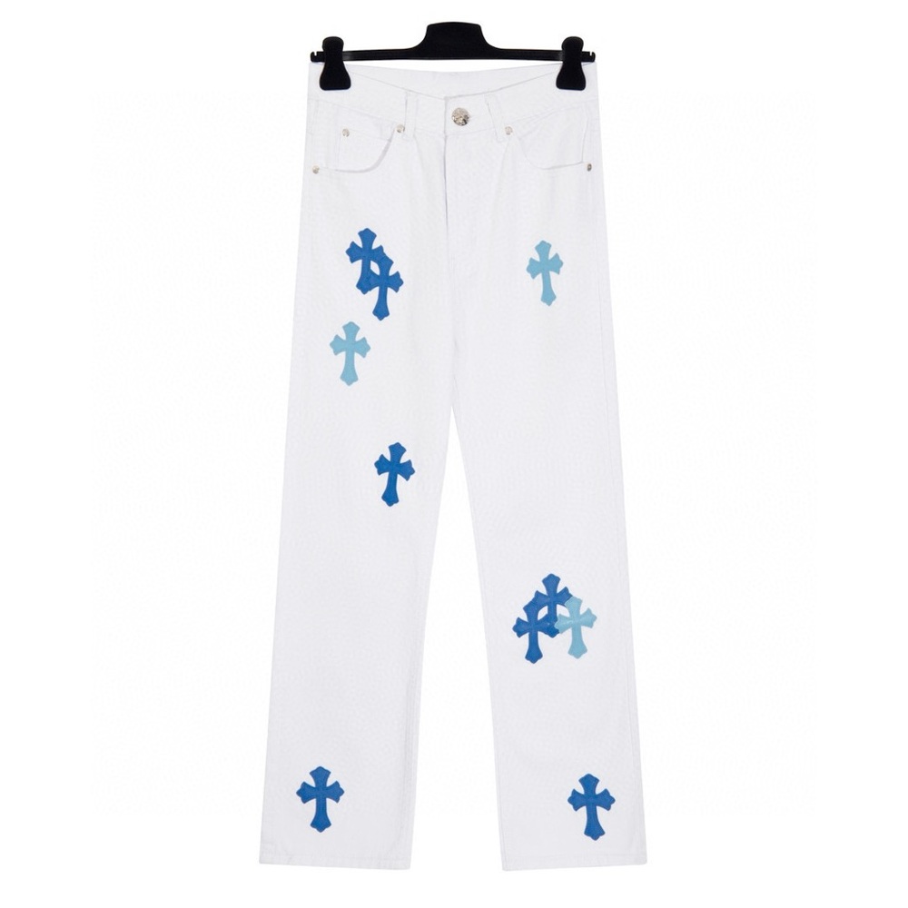 Chrome Hearts White Pants with Blue Cross Patterns